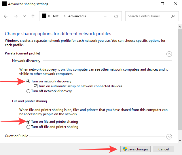 Select Network Discovery and File Sharing options.