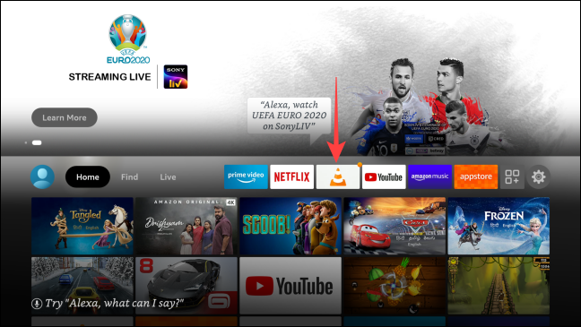 Notice the VLC Media Player app shortcut pinned on the Fire TV home page for quick access.