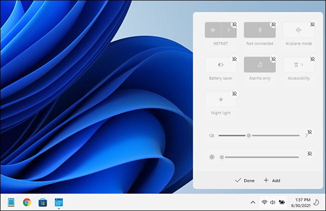 Editing the Quick Settings menu in Windows 11.