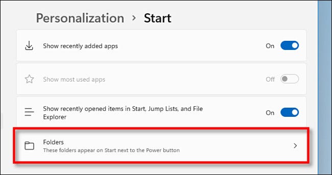 In "Start" settings, click "Folders."