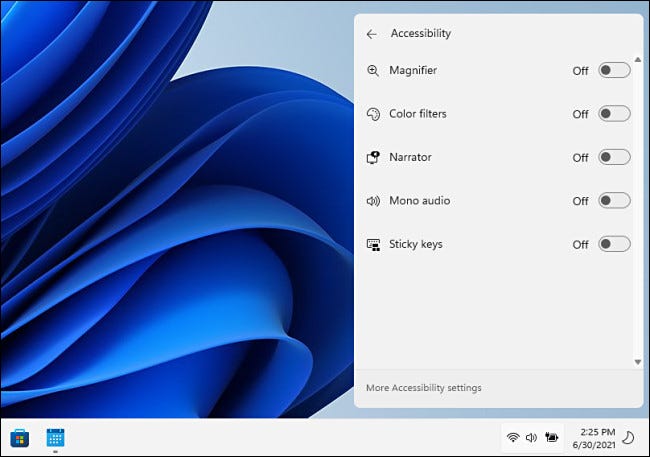 Accessibility options in the Windows 11 Quick Settings menu.