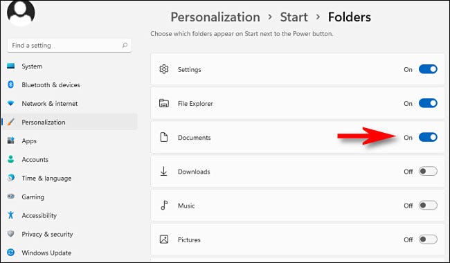 In the Personalization > Start > Folders menu, switch on any folders you'd like to see in the Start menu.