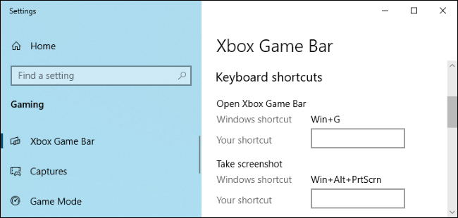 Xbox Game Bar options in Windows 10's Settings app.