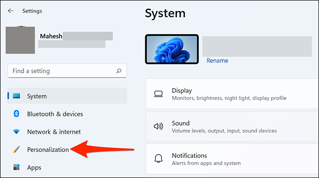 Select "Personalization" in Settings on Windows 11.
