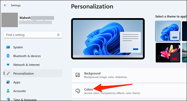 Select "Colors" in Windows 11's Settings app.