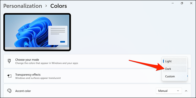 Select "Dark" in Settings on Windows 11.