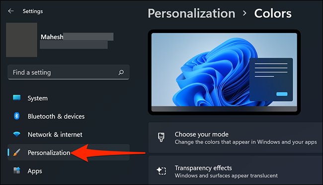 Click "Personalization" in Settings on Windows 11.