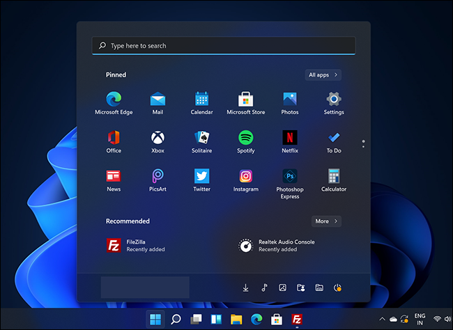 Windows 11's Start menu with dark mode enabled.