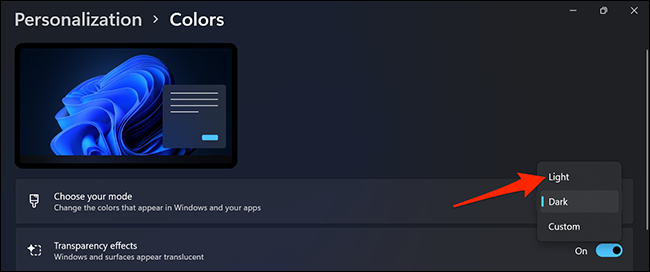 Select "Light" in Settings on Windows 11.