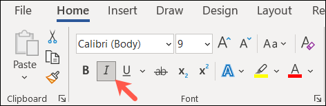Italics button in the Fonts section