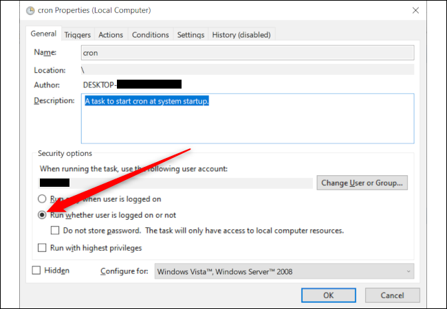 A Windows Task properties window with a red arrow pointing to the option "Run whether user is logged on or not."