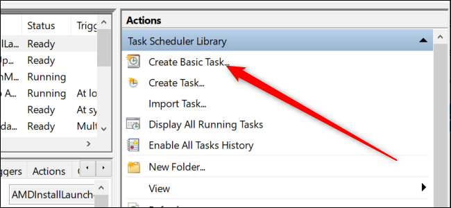 Windows 10's Task Scheduler with a red arrow pointing to the "Create Basic Task" option.