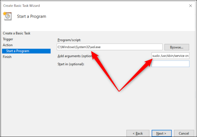 Windows 10 Task Scheduler's program options with red arrows pointing to the program path and the additional arguments text entry box.