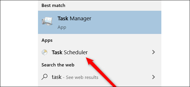 Search results in Windows 10 showing Task Scheduler as an option.