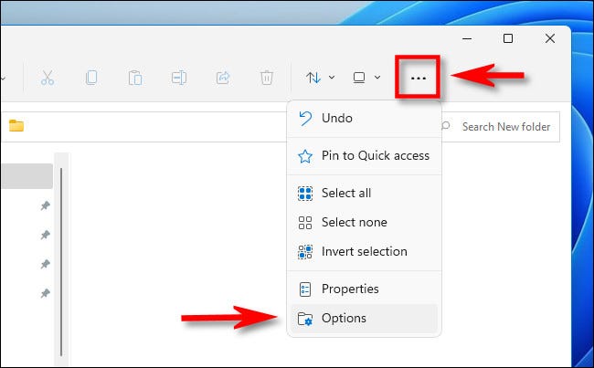 In the Windows 11 File Explorer, click the ellipses (three dots) button and select "Options."
