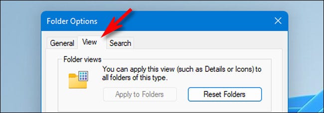 In Folder Options, click the "View" tab.