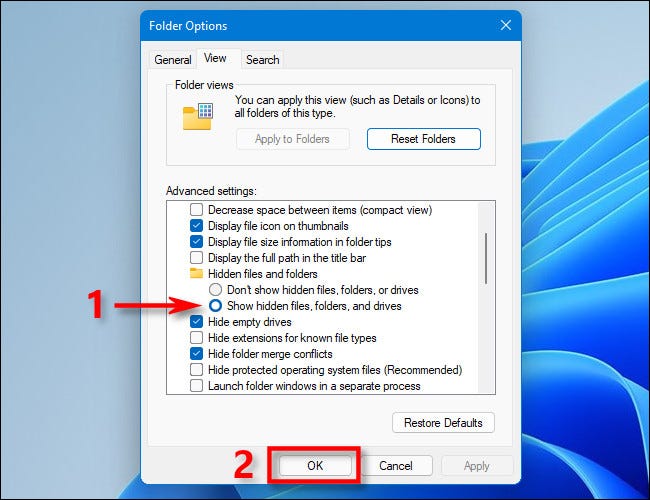 Select "Show hidden files, folders, and drives" and click "OK."