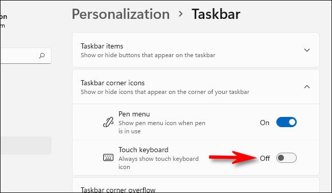 In Personalization > Taskbar, flip the switch beside "Touch Keyboard" to "Off."