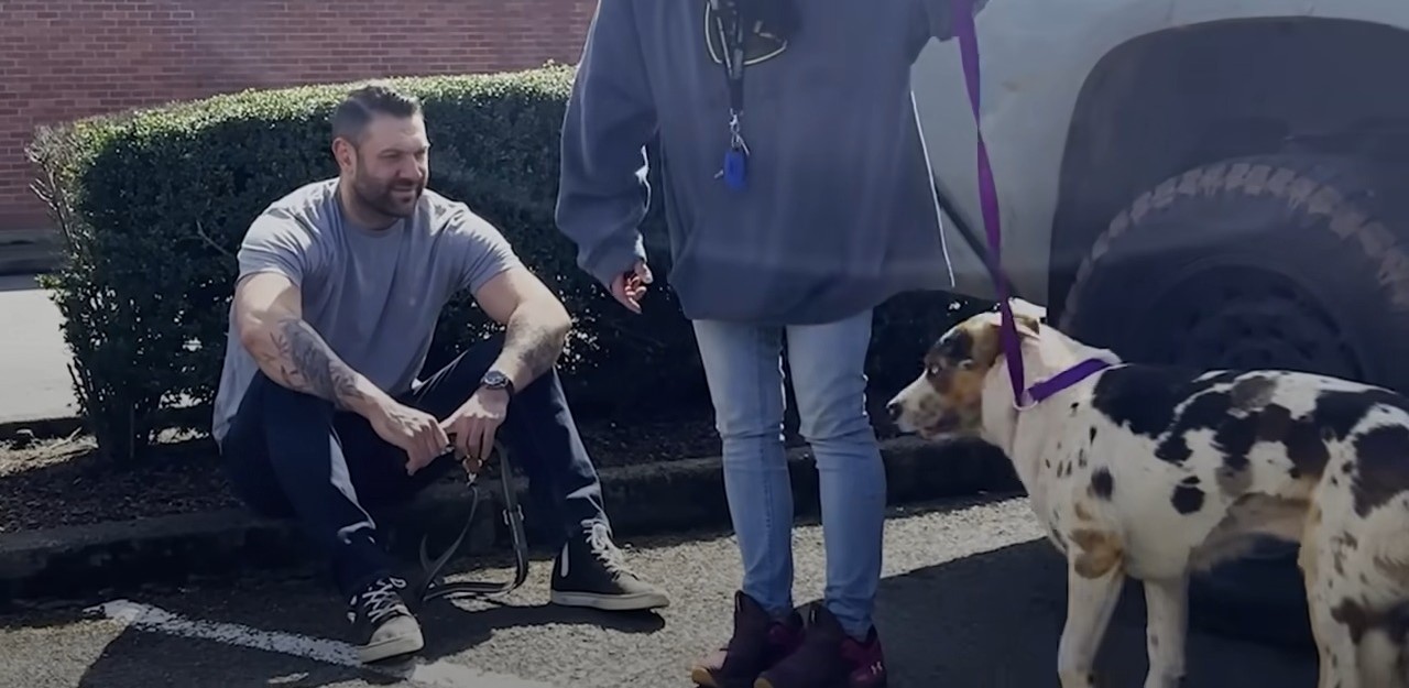 a-man-is-sitting-on-the-sidewalk-waiting-to-be-given-a-dog a man is sitting on the sidewalk waiting to be given a dog